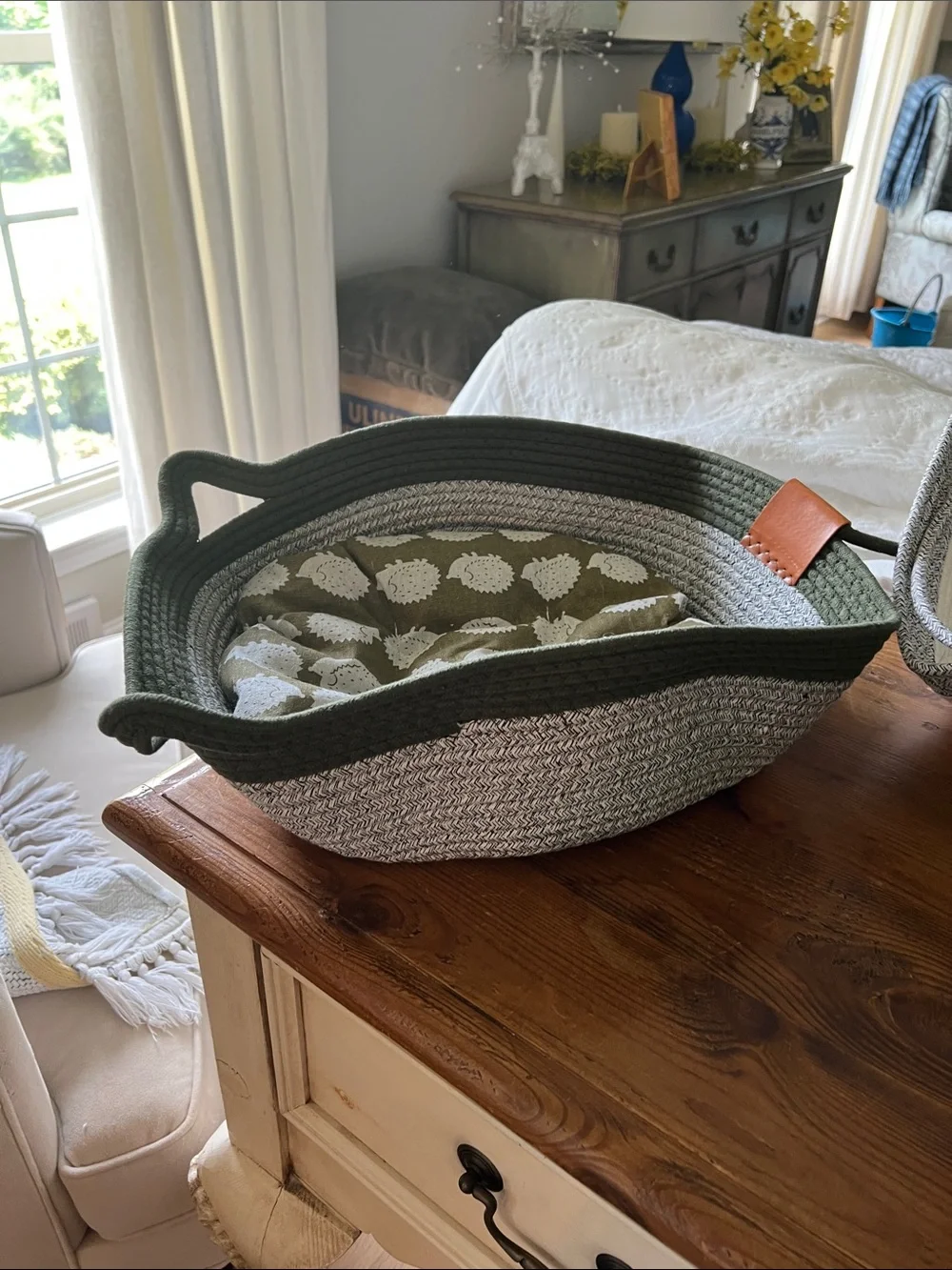 Woven Rope Storage Cat 🐈 Basket with Olive Green Trim stimuli 🐈⬛ cat